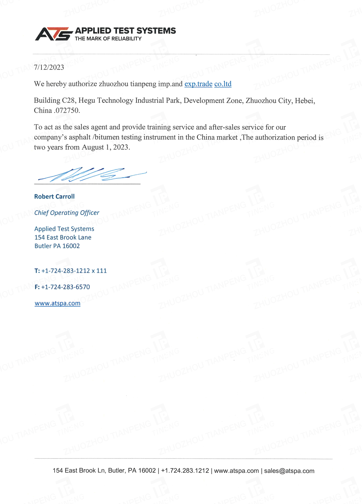 ATS sales agent certificate of authorization